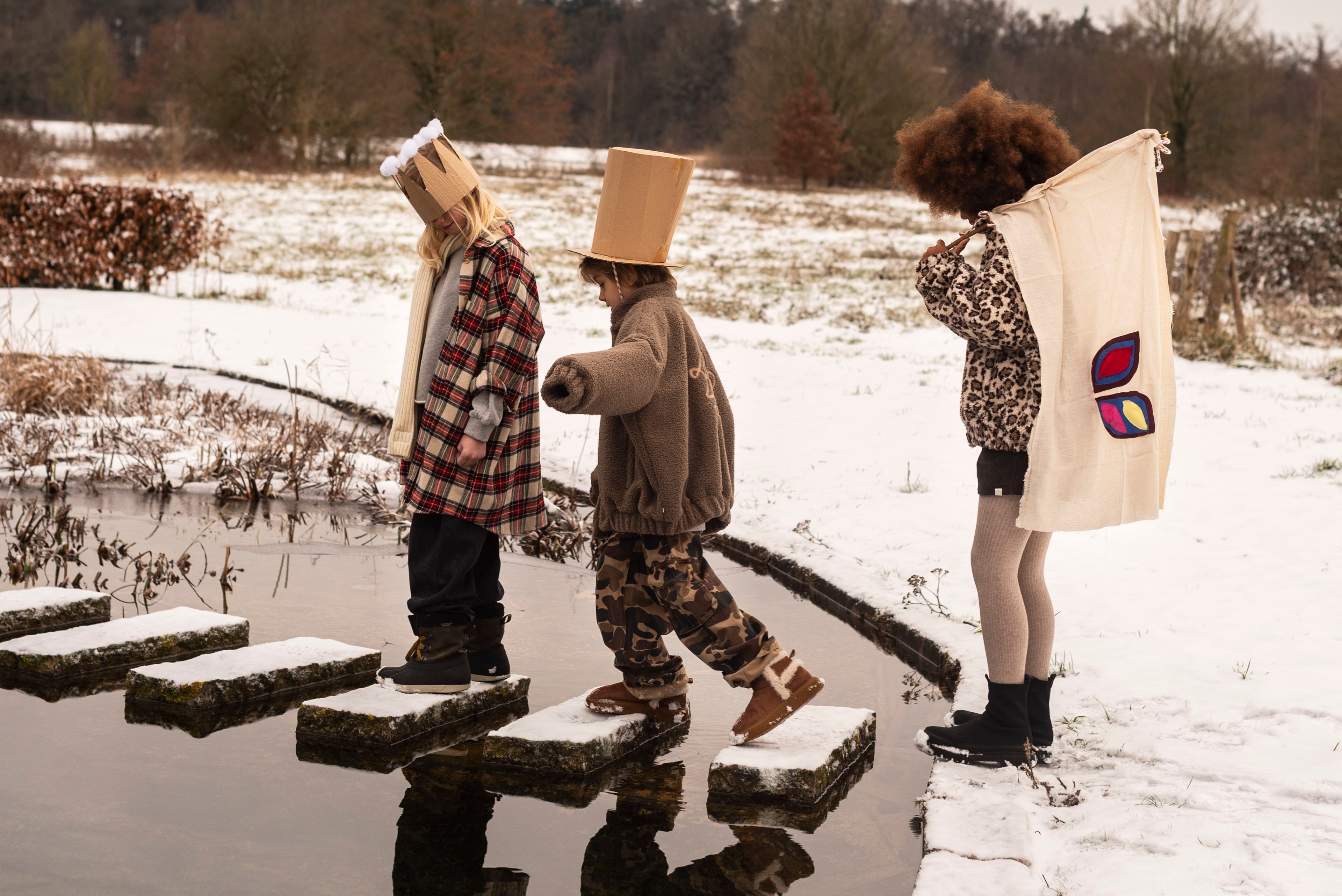 kids playing outside in the snow, wearing Jenest autumn winter collection 26/27